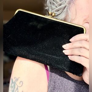 Vintage Chic Black Velvet Clutch with Gold/Rhinestone Snap Closure.